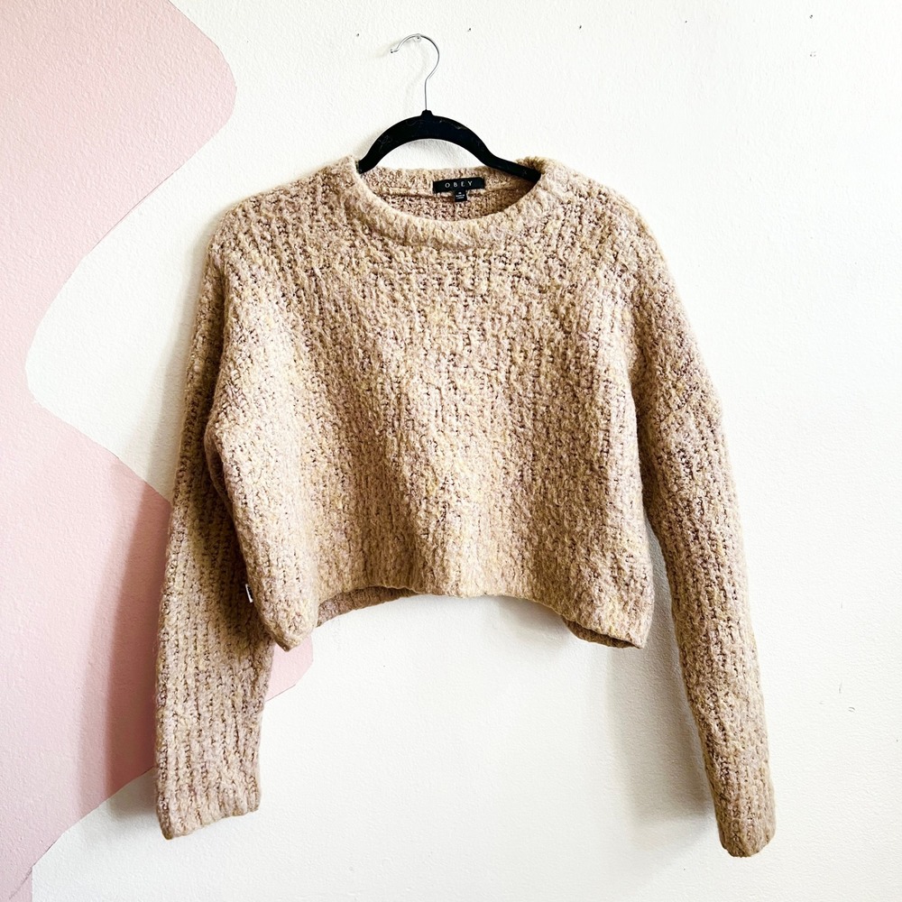 Obey Women's Cropped Wool Blend Sweater Cozy Streetwear Skater Size Medium‎